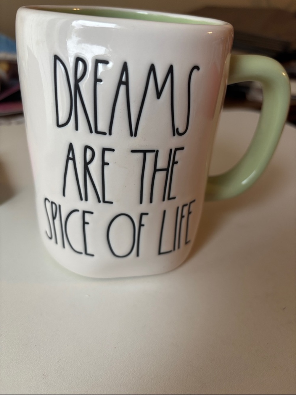 White Ceramic 'Dreams Are The Spice Of Life' Rae Dunn/Disney Mug wGreen Handle